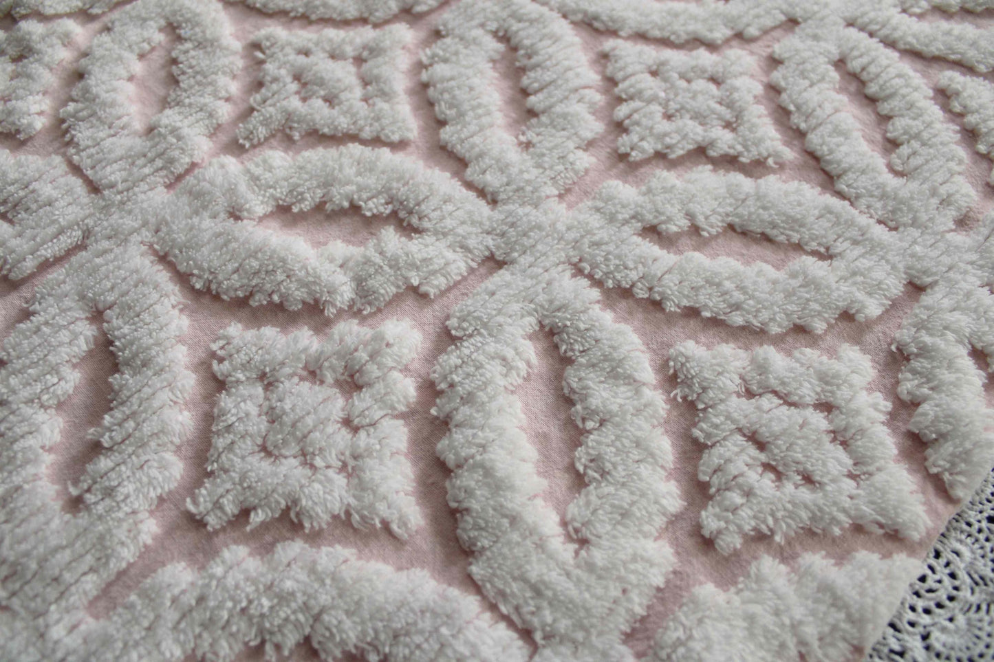 sculpted petals vintage chenille fabric, white tufting on cool pink, 20" x 25" inch piece, 100% cotton