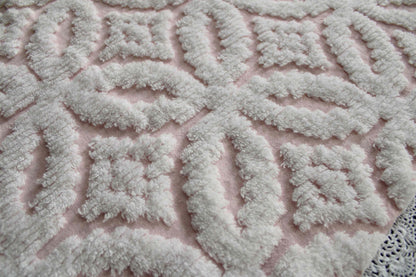 sculpted petals vintage chenille fabric, white tufting on cool pink, 20" x 25" inch piece, 100% cotton