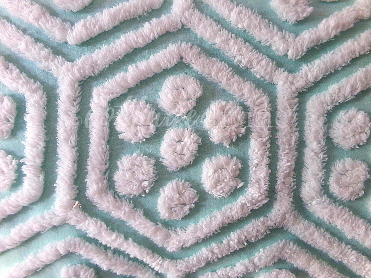 Plush Puffs Vintage Chenille Fabric, 20" x 25" Inch Aqua & White Piece, Rare Geometric Hexagon Design by Hofmann Textiles