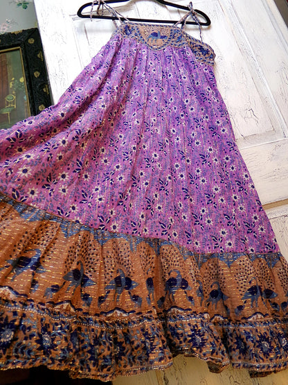 vintage Starina Creation Paris dress, rare 1970s boho peacock print, gold thread floral pattern, midi length gauze cotton India sundress, S