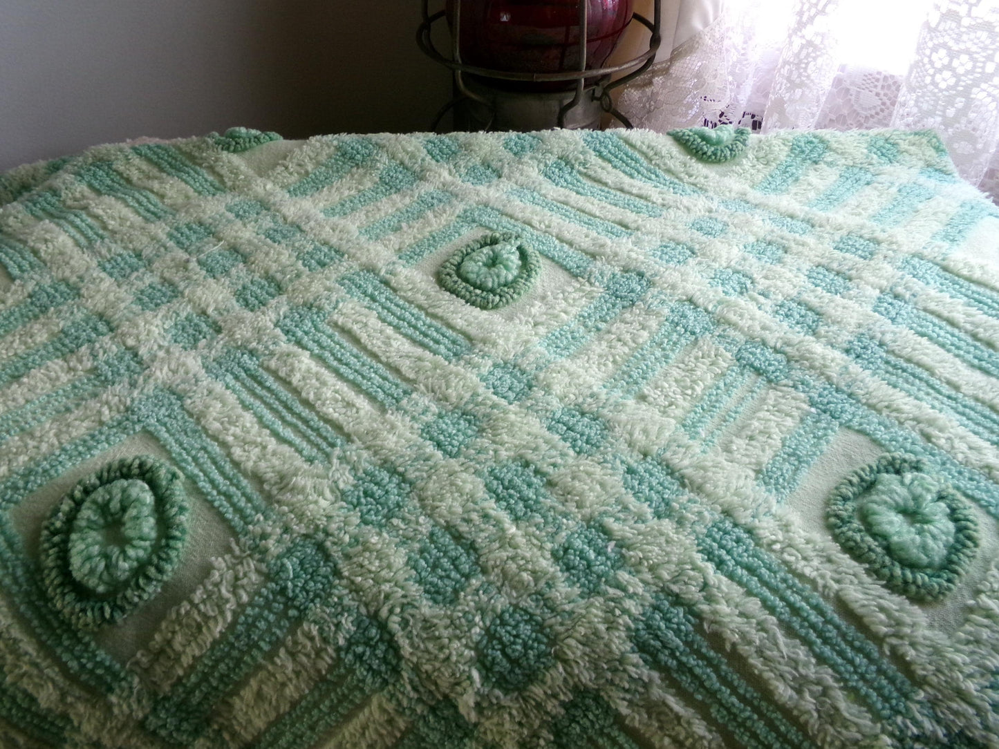 Donut Dots Vintage Chenille Fabric Material, 24" x 20" inch Piece, Lightweight Shamrock Green