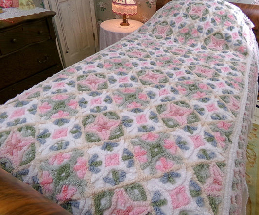 pink sea urchins twin size chenille bedspread, white cotton vintage cottage style bedding, boxed & fitted luxury design with ruffle skirt