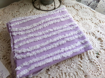 easter lilac chenille fabric, white tufted stripes on purple, 15.5" x 27" inch piece cut from vintage chenille bedspread