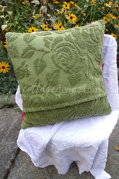 Christmas Patchwork Chenille Pillow Cover 16" x 16" inch Square, REVERSIBLE Accent Pillow Designed from Vintage Chenille Bedspread Fabric