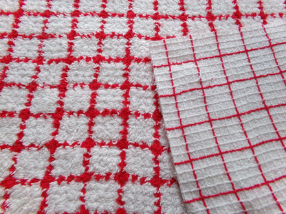 red & white cubes vintage chenille fabric, peppermint micro plaid pattern, 18" x 24" cut piece for xmas stockings, Christmas quilts
