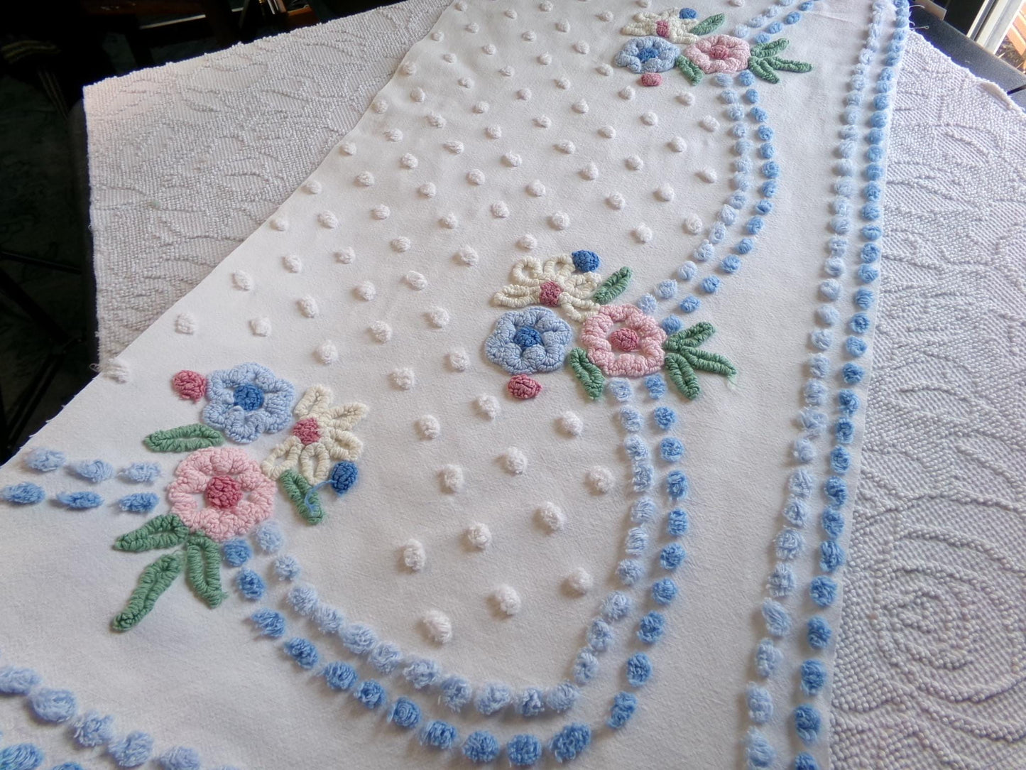 shabby divine vintage chenille fabric, prettiest floral 18" x 34" inch large piece of cotton sewing material, great for quilting & crafts