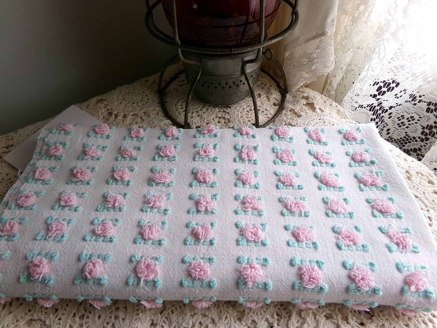 favorite pink rosebud vintage chenille fabric, cottage style sewing & quilt material, 18" x 24" inch piece