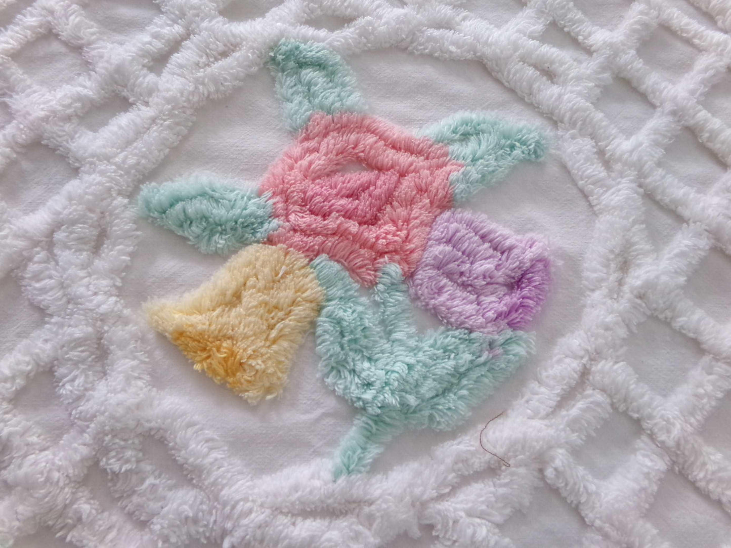 pastel springtime flower bouquet in tufted white webbed chenille, 21" x 25" inch vintage fabric piece