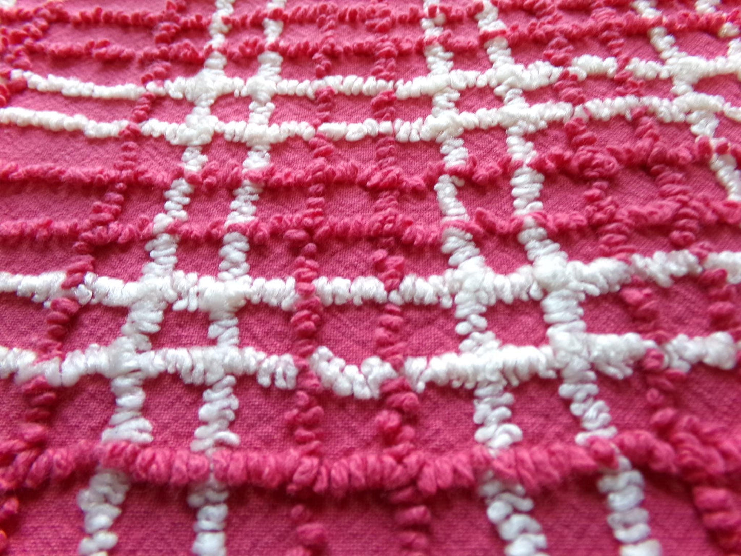 fabulous vintage chenille fabric, vivid pink & white plaid design 20" x 24" cut piece, upcycle into quilts, fiber arts, crafts