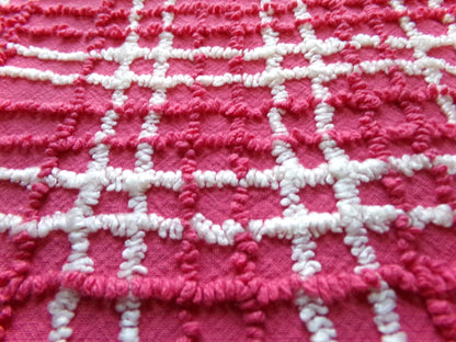 fabulous vintage chenille fabric, vivid pink & white plaid design 20" x 24" cut piece, upcycle into quilts, fiber arts, crafts