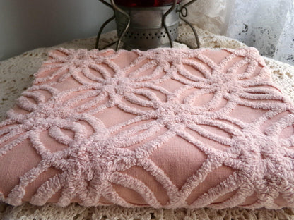 vintage chenille fabric, warm clay mauve geometric wedding ring design, 17" x 28" inch piece for sewing & crafts