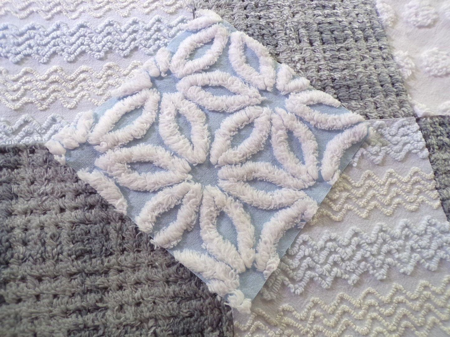 winter storm chenille fabric squares, 16 vintage 6" x 6" quilt blocks in cool blue & modern grey geometric for sewing, crafts, fiber arts