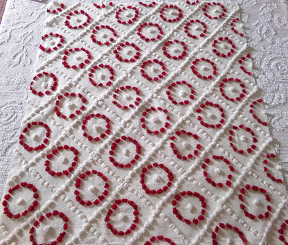 ruby red rings in white diamonds vintage chenille fabric, charming antique handtufted 20"x 25" inch piece of sewing & quilt material