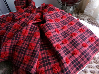 Midnight Black Tartan Plaid Vintage Chenille Bedspread Fabric, Tufted Deep Red Dots, 19" x 26" inch Piece, Lightweight Quilt Material