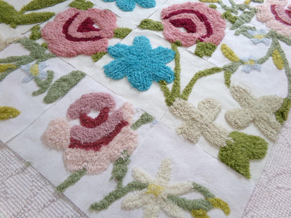 flower festival chenille fabric squares, set of 16 vintage floral 6" craft blocks, cottage designs for quilt inlays, pillows, fiber arts