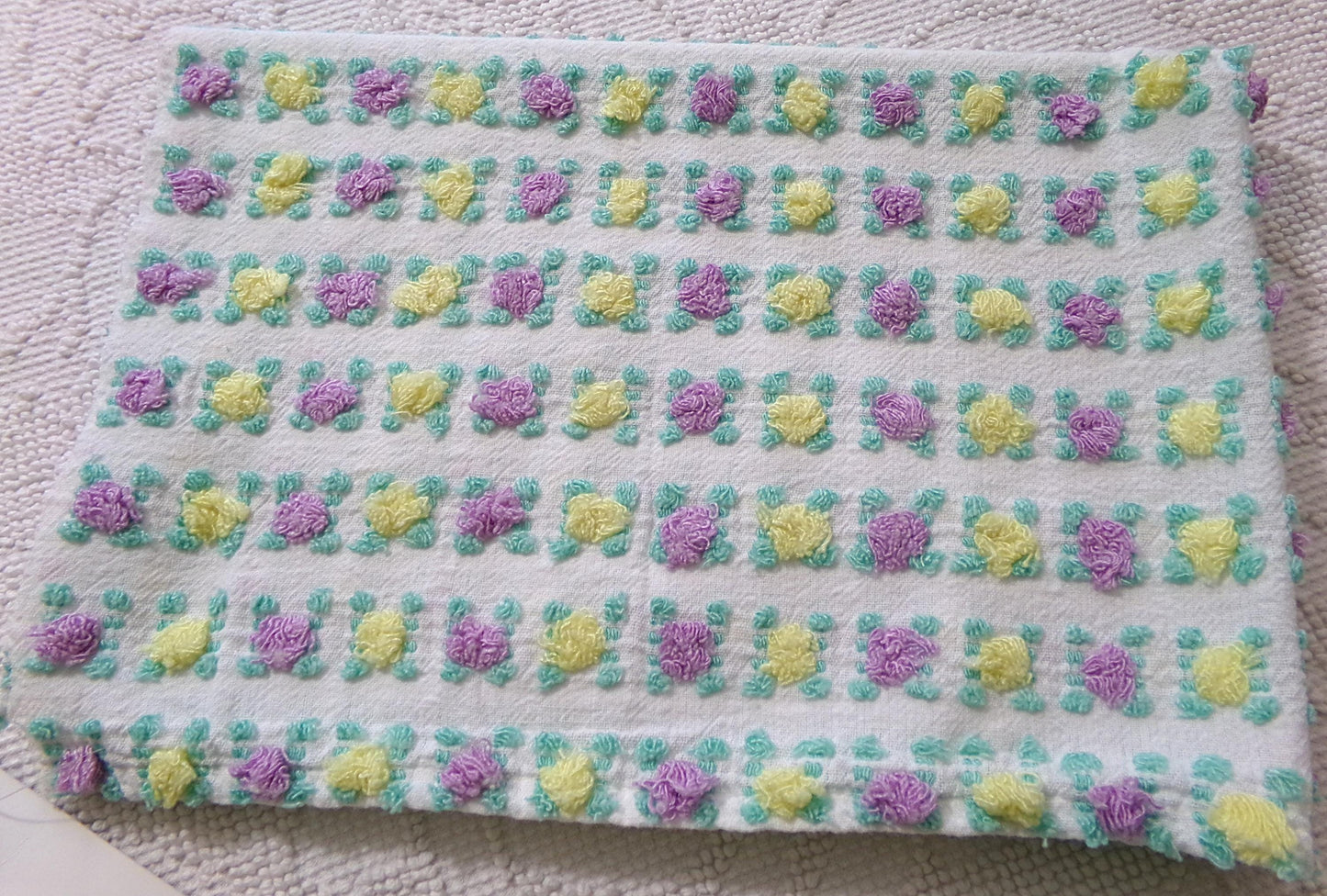Rare Jewel Rosebud Vintage Chenille Fabric w/ Yellow & Amethyst Roses, 17" x 24" Cut Piece of Sewing, Quilt Material