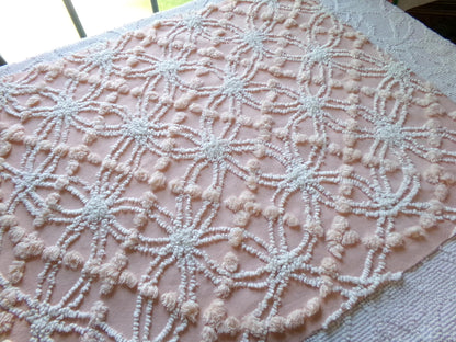 iced peach vintage chenille fabric, needletuft white wedding rings & overtufted pops, 20" x 24" piece sewing material for quilting, crafts