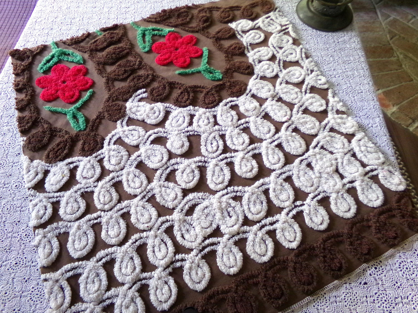 Yummy Chocolate Cherry Cake Vintage Chenille Fabric, Plush 25" x 26" Inch Piece, Great for Boho Pillows, Quilts, Fiber Arts