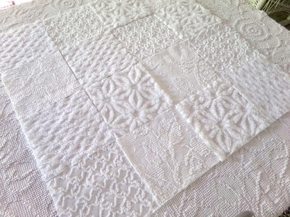 Snow Baby Chenille Fabric Squares Set of 16 White Quilt Blocks, 6" x 6" inches each, Diamond, Squiggle Daisy & Hobnail Texture Patterns