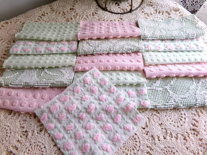 vintage pink & green chenille fabric squares, "breath of spring", rotary cut from vintage chenille bedspreads, set of 16 Blocks 6" x 6" inch