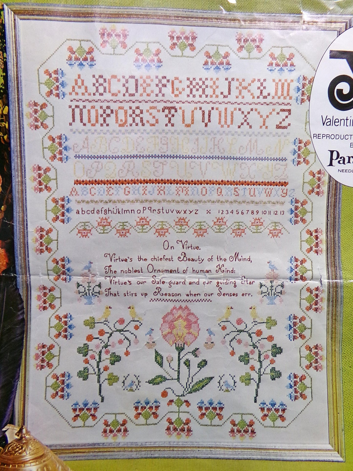VIRTUE Embroidery Sampler, Paragon 0609 Valentine Museum Reproduction, Vintage Cross Stitch Stitchery Kit on Belgian Linen
