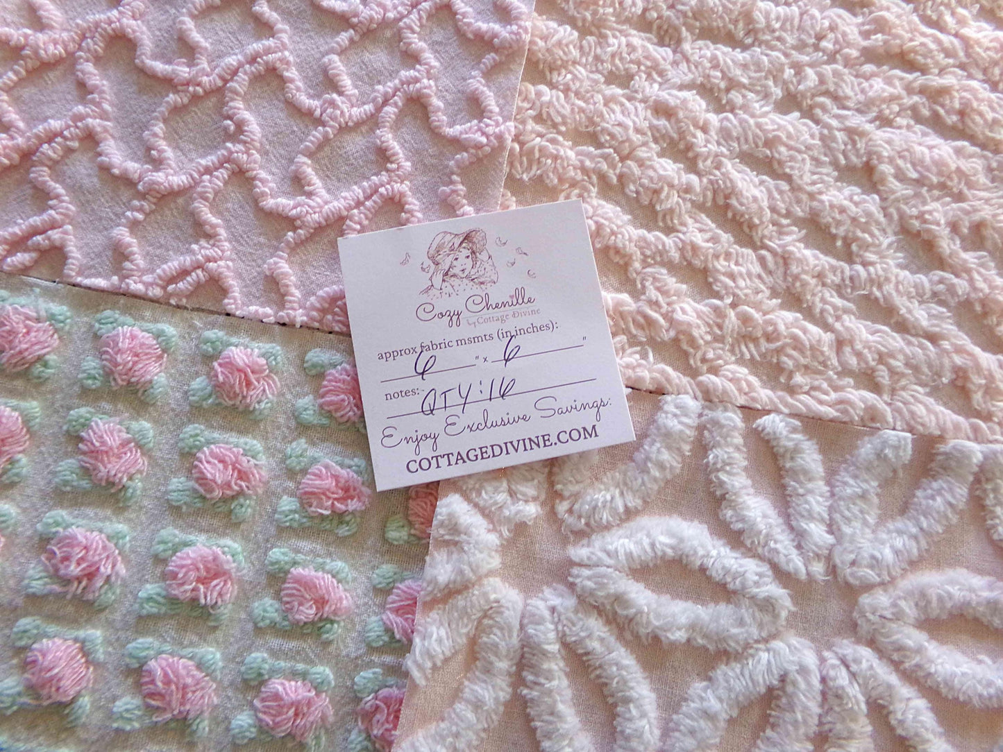 Spring Glow Chenille Quilt Squares Set from Vintage Bedspread Fabric, 16 Blocks, 6" inch ea in pretty daisies, pink rosebuds, peach lattice