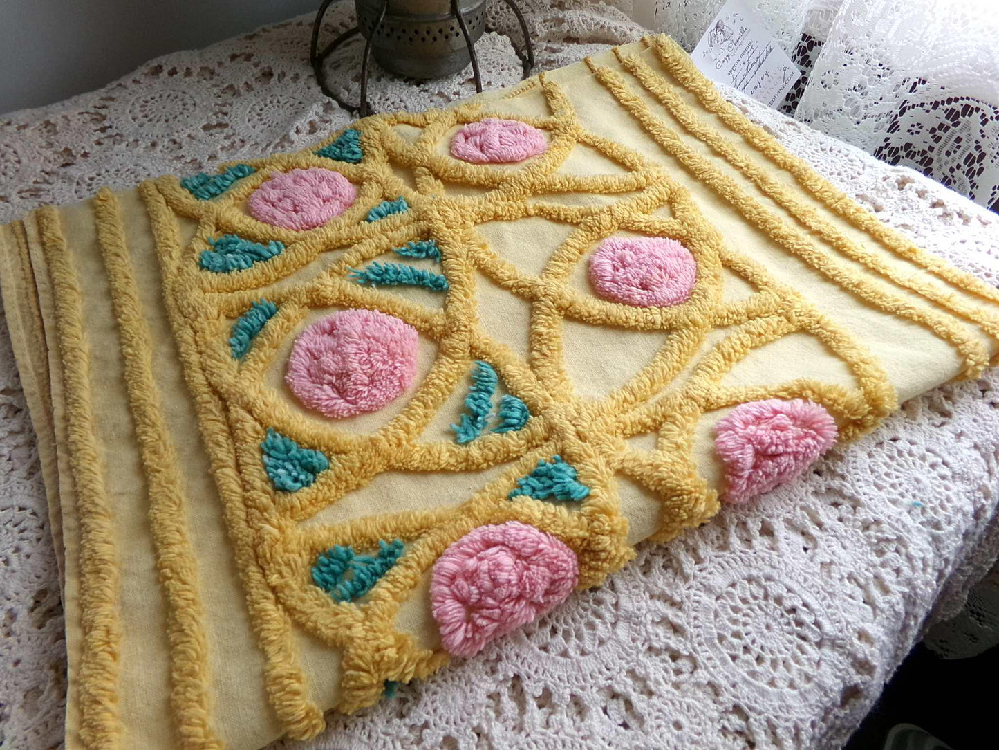 fairytale rose vintage chenille material, lovely quilt fabric, or for pillows, wall hangings, 15" x 23" piece, golden yellow & pink roses