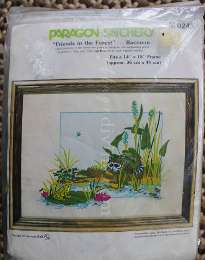 Vintage Wildlife Crewel Embroidery Kit, â€œFriends in the Forest...Raccoonâ€ Paragon Needlecraft Stitchery, Kit# 0245, Design by Georgia Ball