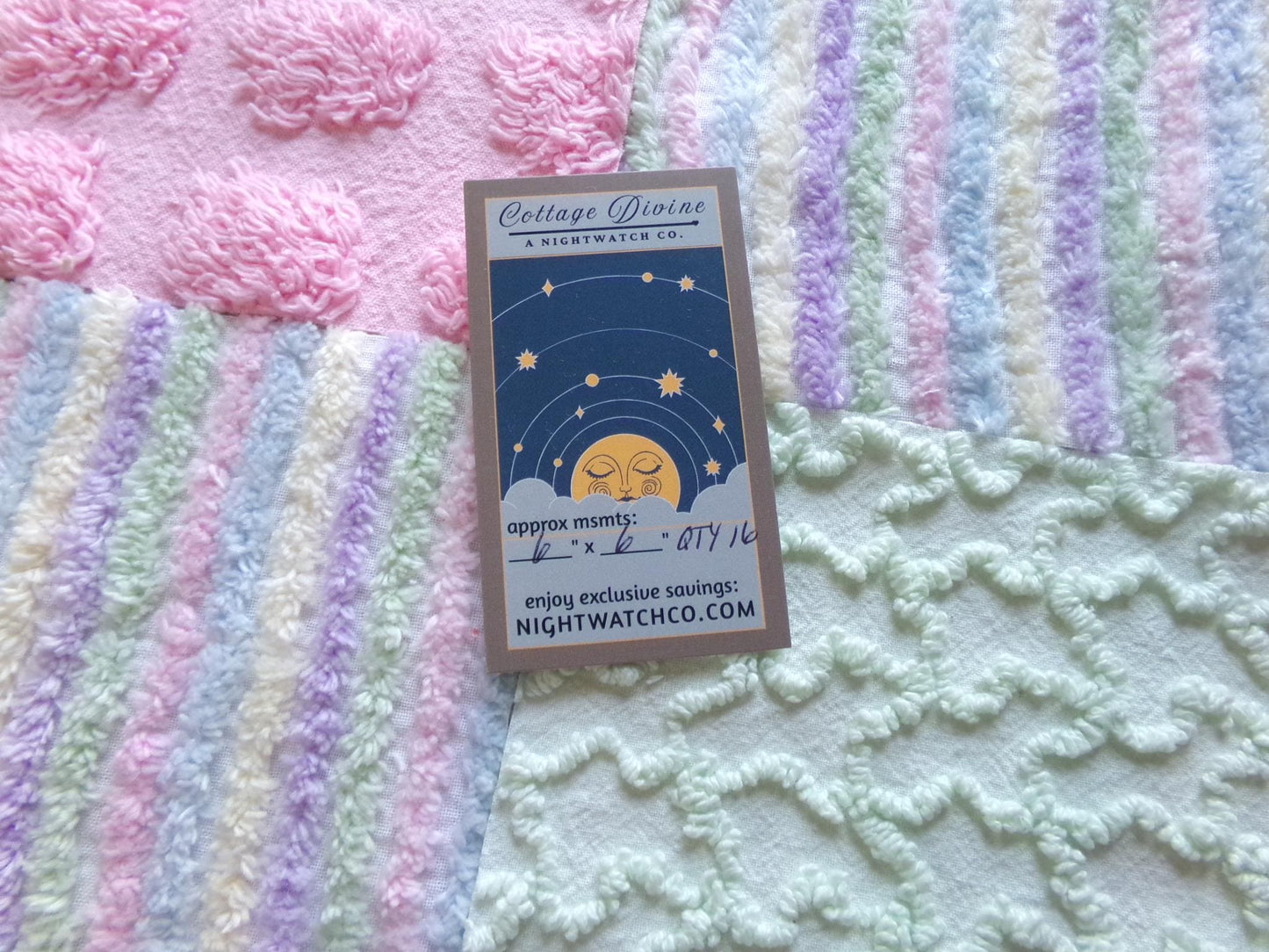 enchanted rainbow chenille fabric squares, set of 16 vintage pink & green quilt blocks 6" ea, rosebud, squiggles for crafts, quilting