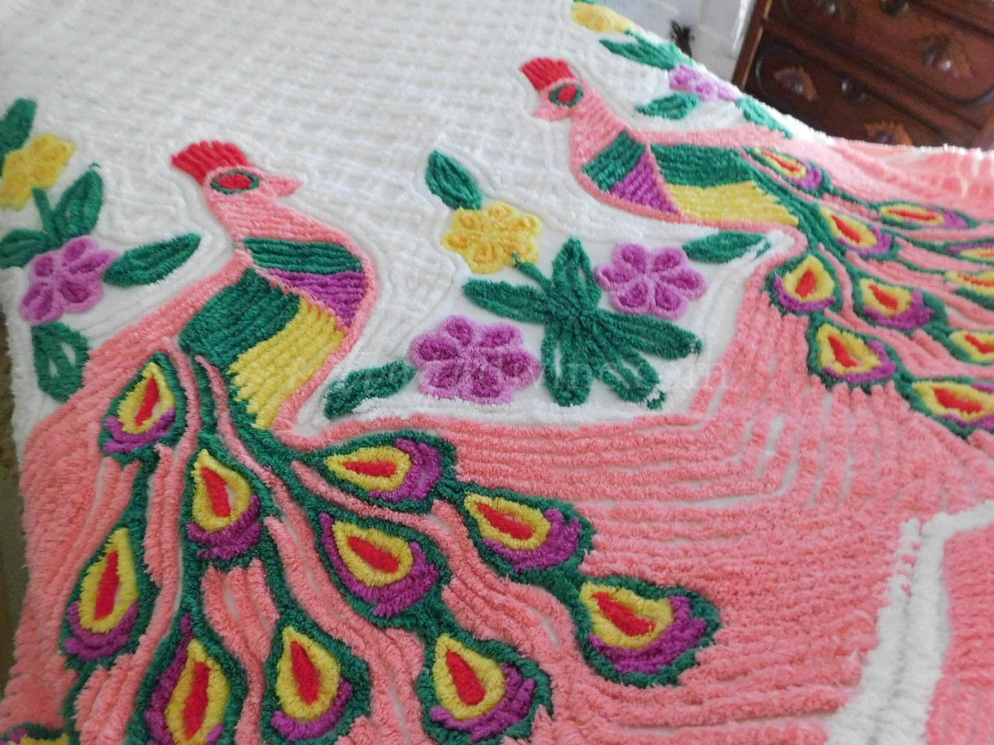 Popular Pink Peacock Vintage Chenille Bedspread, Full Size Boho Glam Bedding