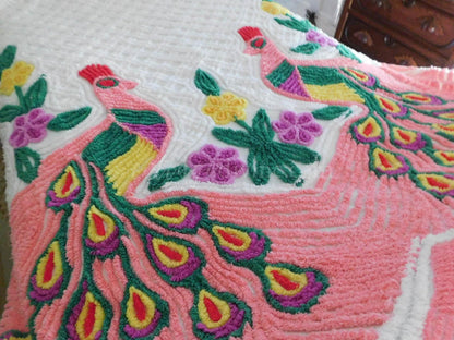 Popular Pink Peacock Vintage Chenille Bedspread, Full Size Boho Glam Bedding
