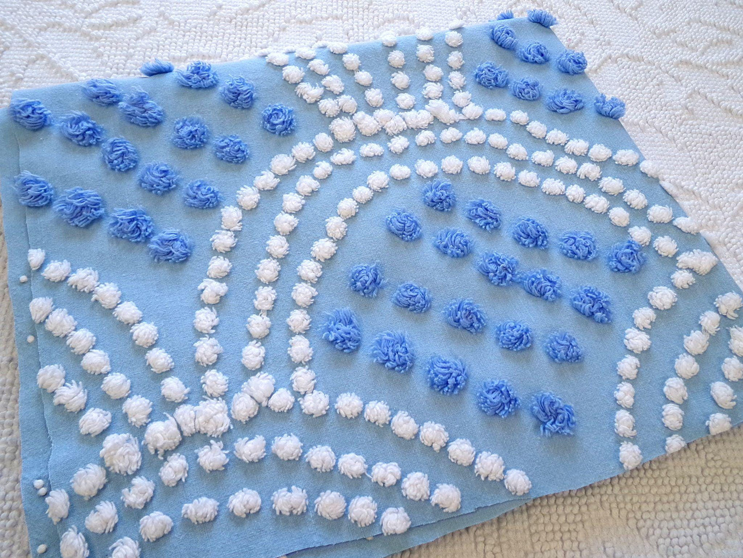 mermaid tails vintage chenille fabric, 25" x 24" inch piece in beautiful blue & white scallop pops design