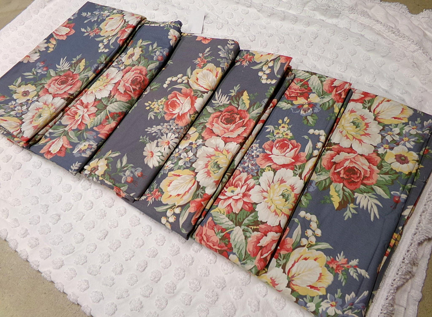 Lot of 3 Pair Ralph Lauren Kimberly Drapes Window Curtains, 6 Panels of Vintage Blue Floral Drapery Panels