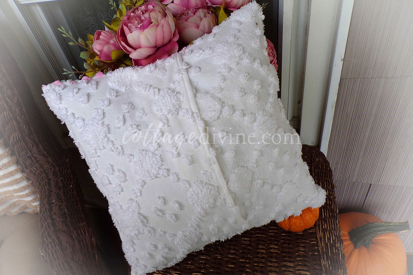 Cottage Fantasy Chenille Pillow Cover 16" x 16" inch Square, REVERSIBLE Patchwork Pink Accent Pillow from Vintage Chenille Bedspread Fabric