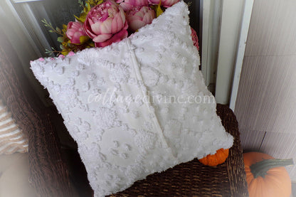 Cottage Fantasy Chenille Pillow Cover 16" x 16" inch Square, REVERSIBLE Patchwork Pink Accent Pillow from Vintage Chenille Bedspread Fabric