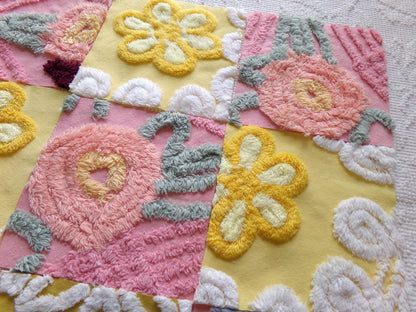 vintage chenille fabric squares, "buttercups & rose petals" set of 16 floral 6" quilt blocks in yellow flower, rose pink floral, gold daisy
