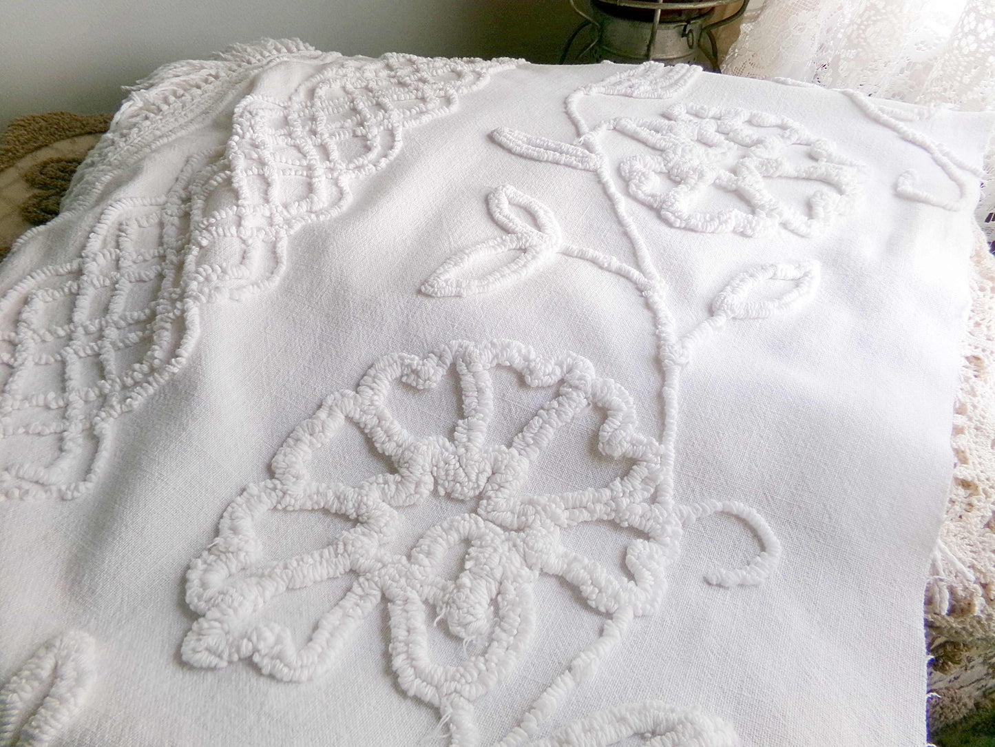 Farmhouse Style White Floral Chenille Fabric, Vintage 16" x 28" inch Piece, Great for Pillows & Quilting