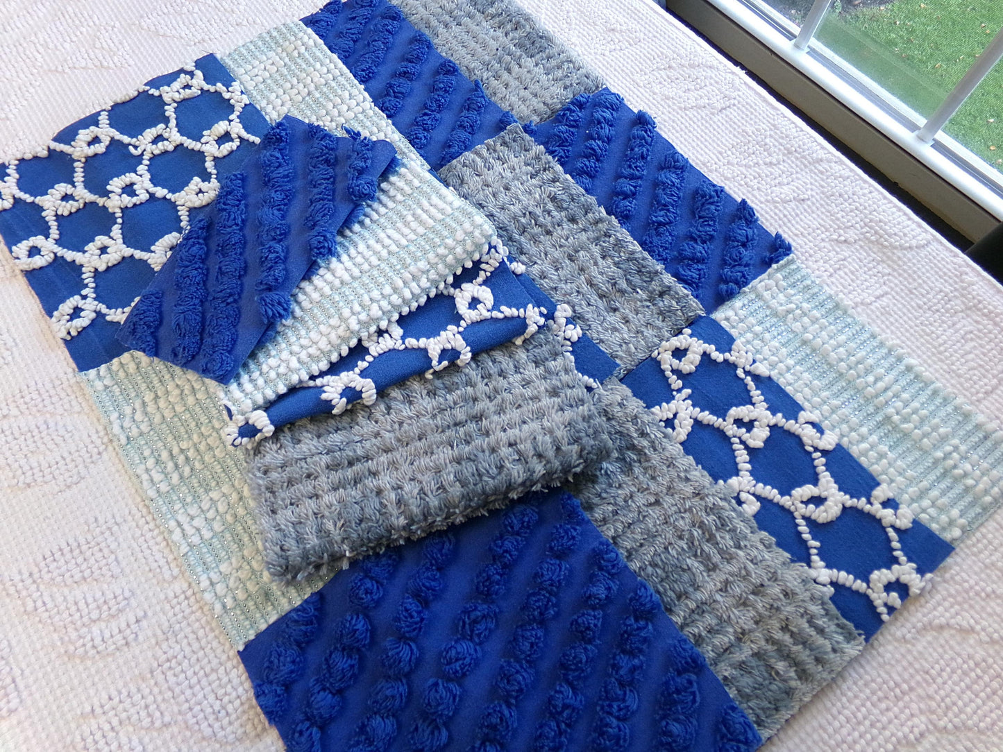 Vintage Chenille Fabric Squares - Set of 16 - Sporty Grey, White & Blue - 6" Quilt Blocks
