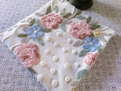 Romantic Cottage Chic Vintage Chenille Fabric, 28" x 26" Piece, Needletuft Floral Wreath Ivy Bow, for Quilting, Sewing, Fiber Arts, Crafts
