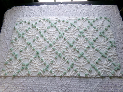 Breezy White Vintage Chenille Fabric, 15" x 25" Piece, Needletuft Wedding Rings with Mint Green Pops