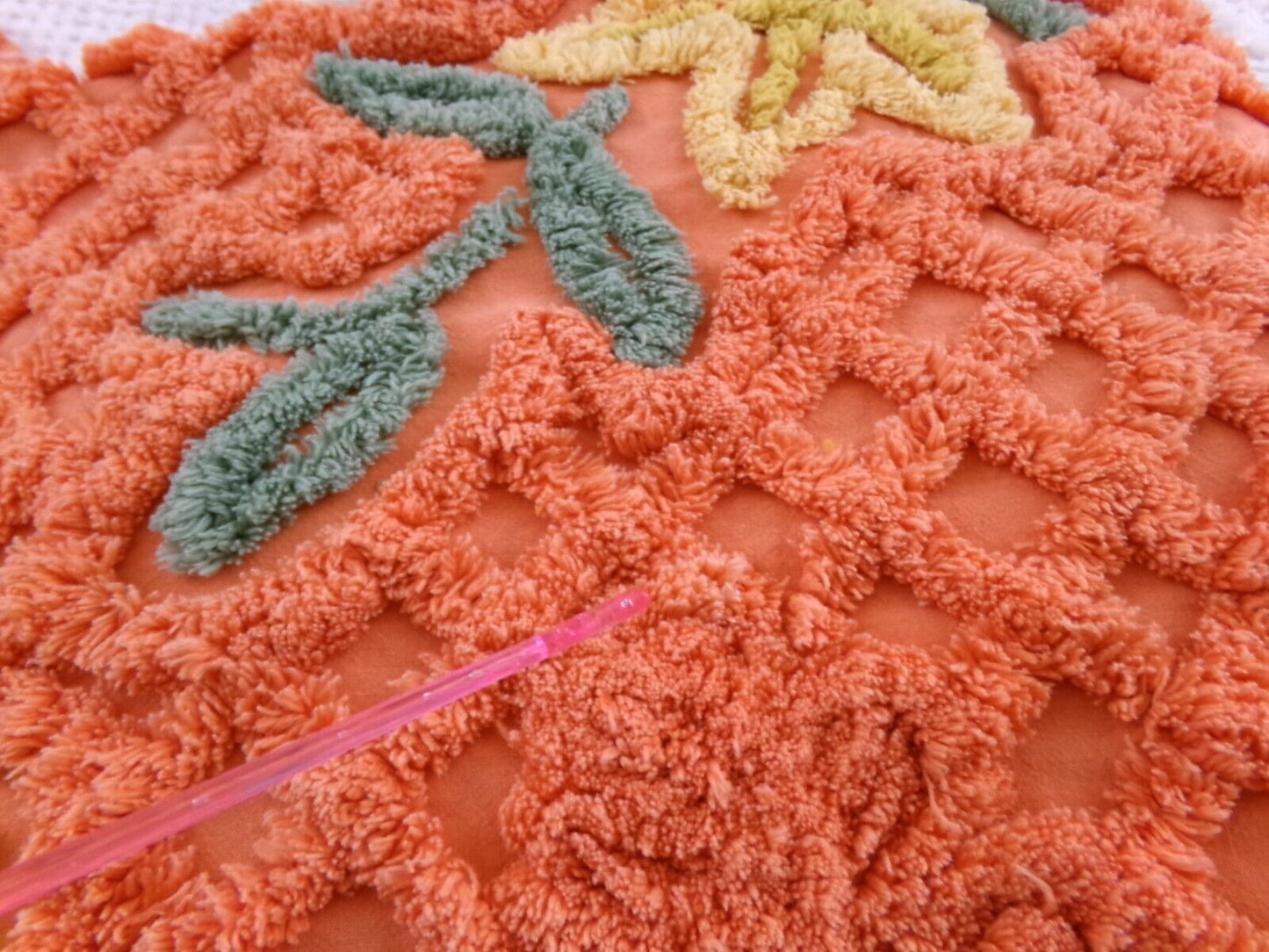 Vivid Orange Floral Vintage Chenille Bedspread, Boxed & Fitted Design, Full Size