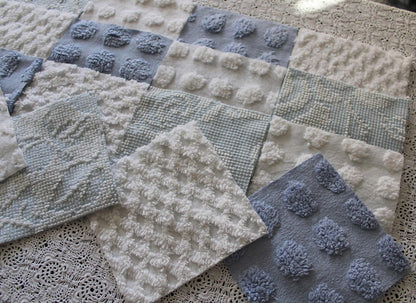Chenille Fabric Squares, Beachy Blue & White Craft Square Set from Vintage Bedspread Fabric, 16 Blocks, 6" x 6" inch