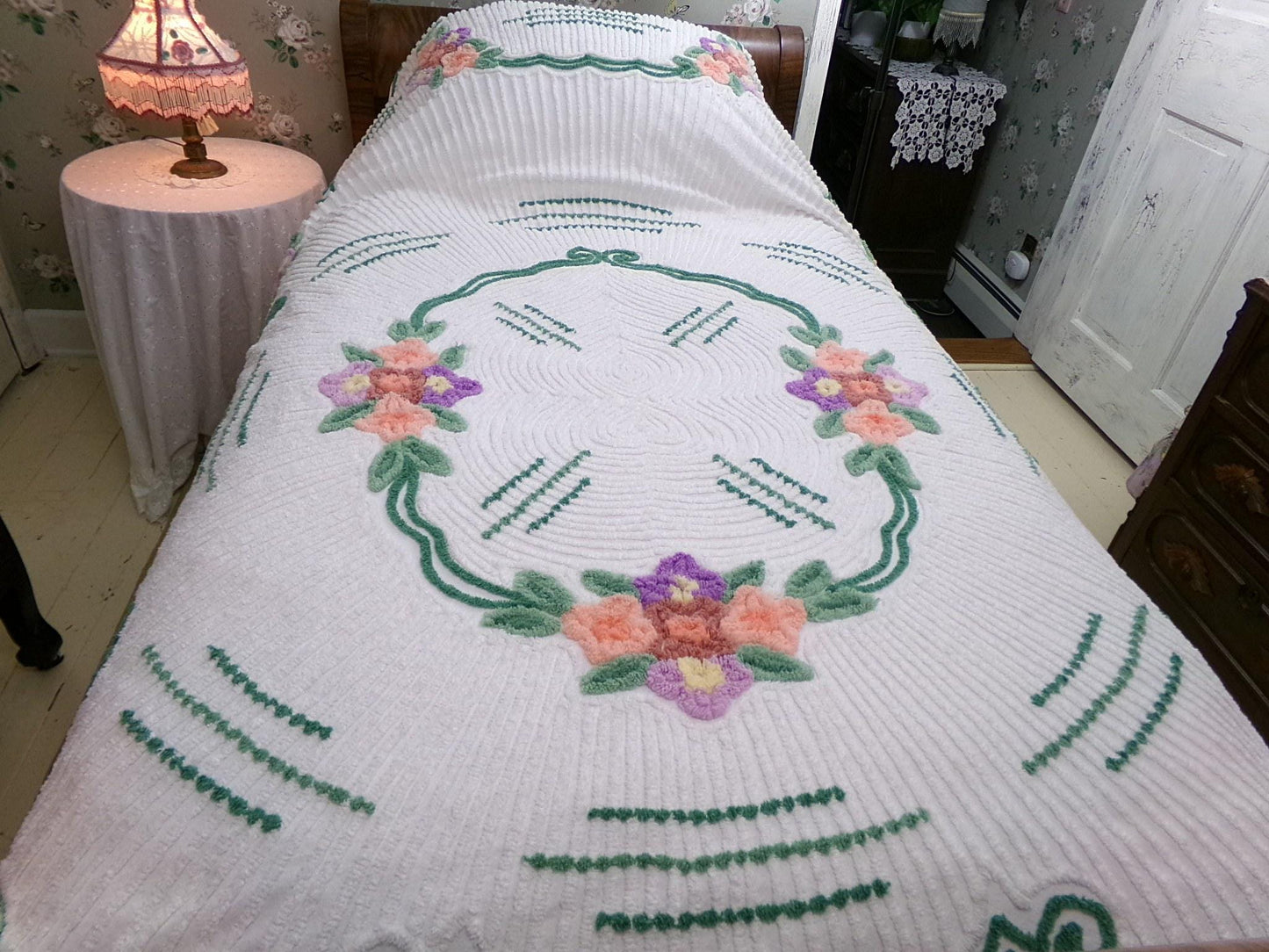 Cottage Getaway Vintage Chenille Bedspread, Green Accents & Colorful Florals on White Cotton, FULL Size Summer Shabby Chic Bedding