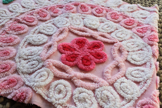 Yummy Strawberry Cake Vintage Chenille FABRIC, 32" x 17" Inch Piece, Swirls & Twirls of Frosted Tufts