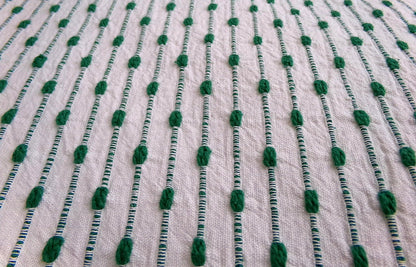 preppy kelly green textured fabric piece, vintage chenille raindrop dots on white woven cotton, great in quilts, xmas stockings, 20" x 25"