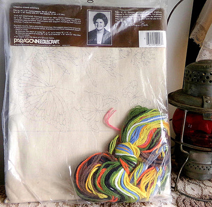 BUTTERFLIES Crewel Stitchery Kit, Vintage Paragon Needlecraft Embroidery, Natural Earthy Hippie Design, Georgia Ball, # 0947