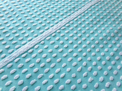 nubby elongated pops vintage chenille fabric, shabby unique 18" x 24" cut piece, white dots on aqua teal lightweight cotton