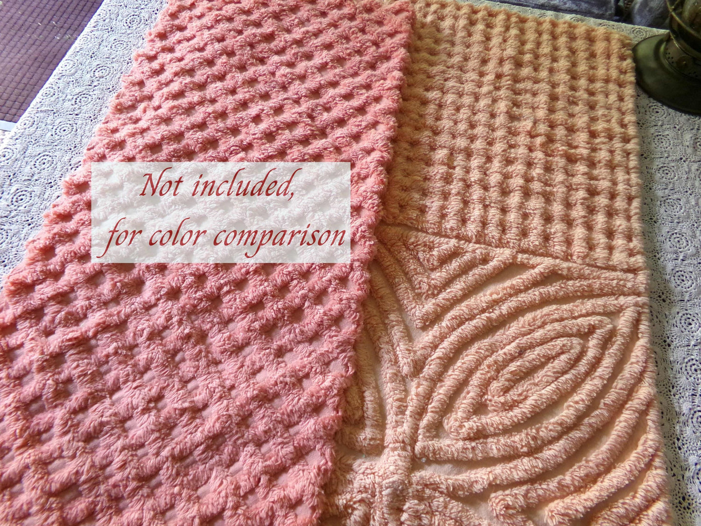 Plush Peach Glow Chenille Material, 20" x 32" inch Vintage Fabric Piece, Thickly Tufted Waffle Grid & Geometric Flower Petals