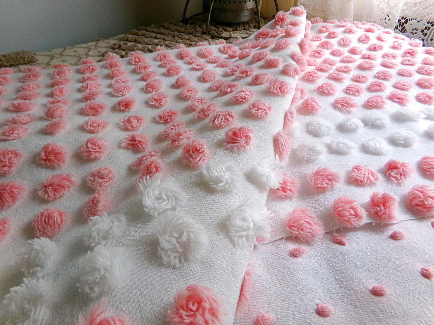 Darling White Lily Vintage Fabric, Handtufted Antique Chenille Pink & White Pops, 20" x 28" Inch Piece