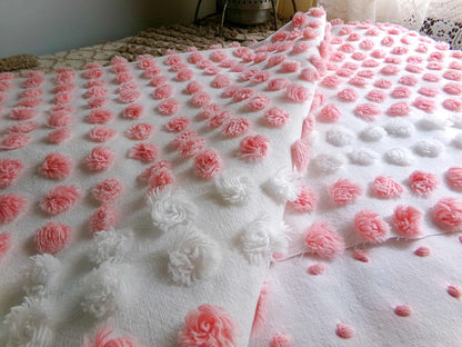 Darling White Lily Vintage Fabric, Handtufted Antique Chenille Pink & White Pops, 20" x 28" Inch Piece
